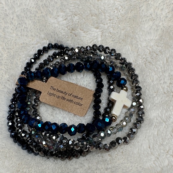 Set of 5 Beaded Bracelets Black & Silver Iridescent & Blue w/White Cross Charm - Picture 3 of 12